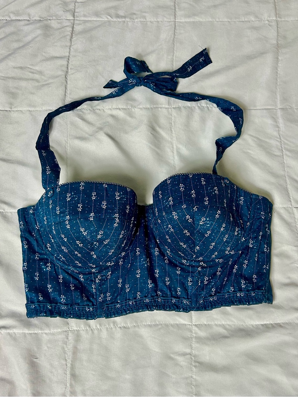 aerie Navy Blue White Flowers Lined Bustier Top, Women’s 36B, Padded, Halter Tie